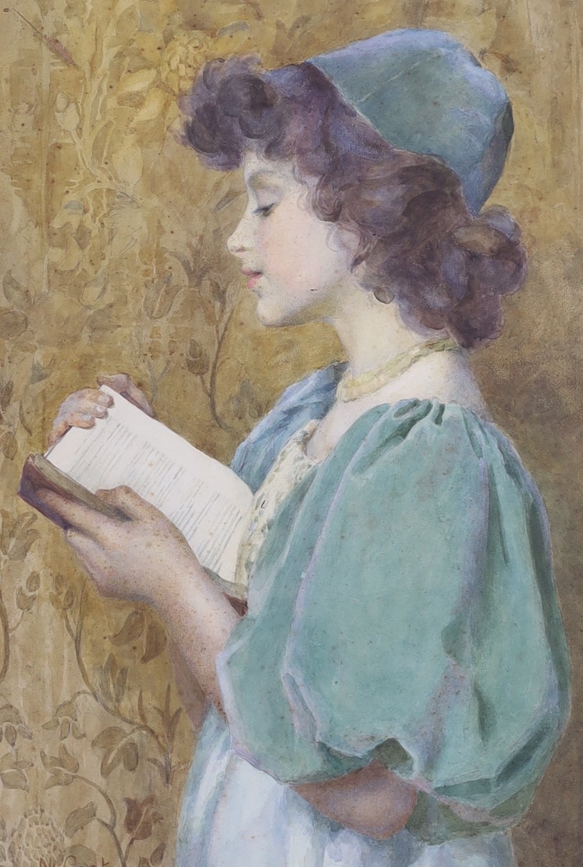 N. Cook, watercolour, Portrait of a girl reading a book, signed, 51 x 35cm